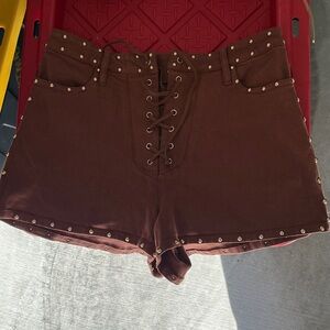 Show Me Your MuMu Brown Studded Lace-Up Shorts